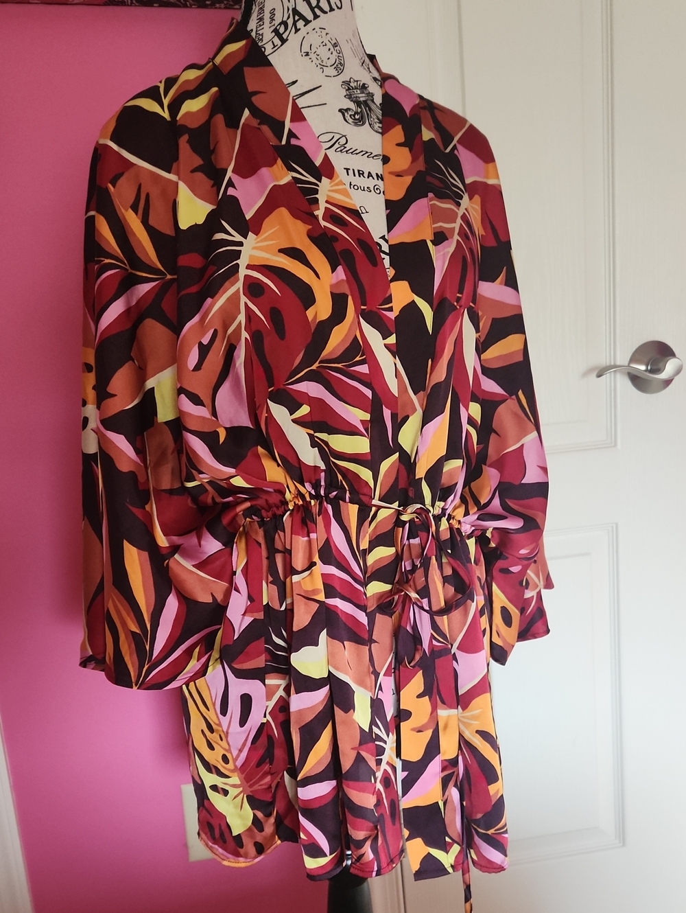 DR2 Tropical Leaf Drawstring Mini Dress - Pink, Orange & Black